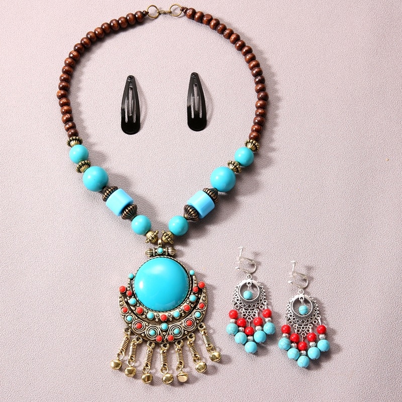Etno-boemski set za kosu s resicama i ogrlicom – materijal: legura, lanac s kuglicama, uzorak: Ljubav / Kap vode / Zvono, set za kosu i naušnice, književno retro stil