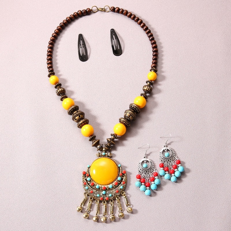 Etno-boemski set za kosu s resicama i ogrlicom – materijal: legura, lanac s kuglicama, uzorak: Ljubav / Kap vode / Zvono, set za kosu i naušnice, književno retro stil
