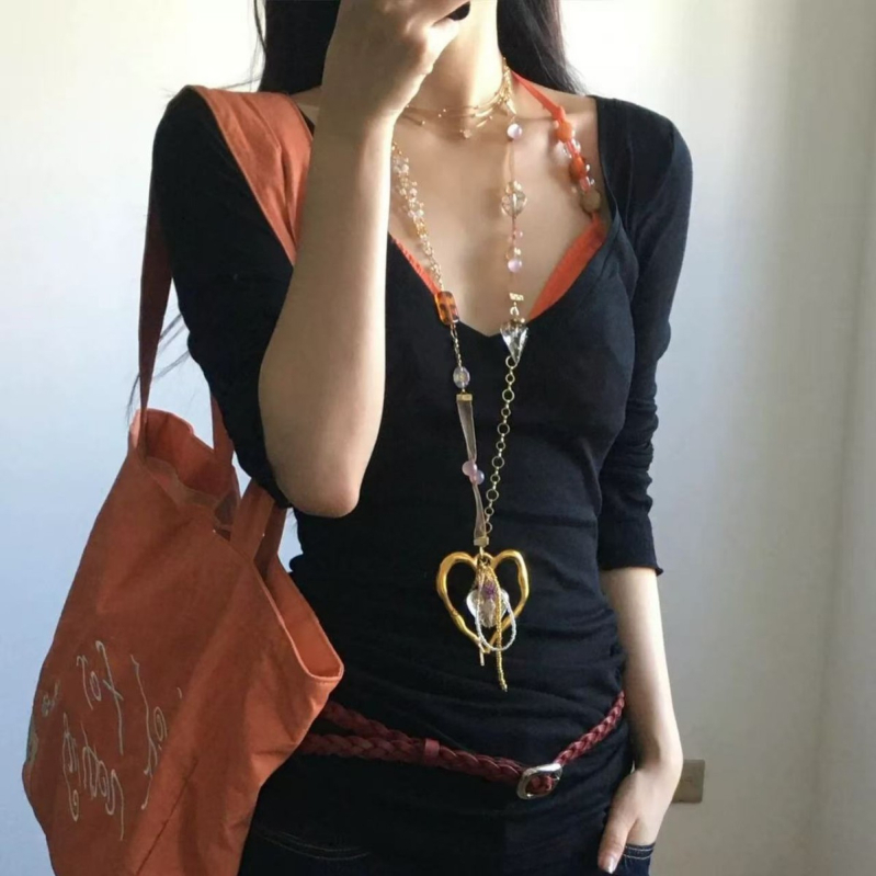 Dugački lančić sa srcem, halter stil, privjesak od legure, korejski stil osobni trend