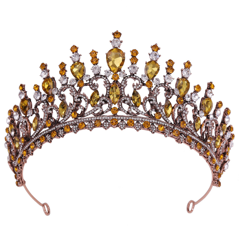 Diadem za kosu – listovit oblik s žutim kristalima, retro barokna vjenčana kruna, od legure, dijamantno obrađena