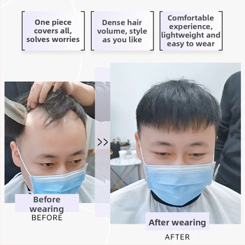 Vyrų plaukų linijai skirtas plaukų gabalėlis – tikri žmonių plaukai, lengvas, rankų austas, dengia kaktą, galima dažyti