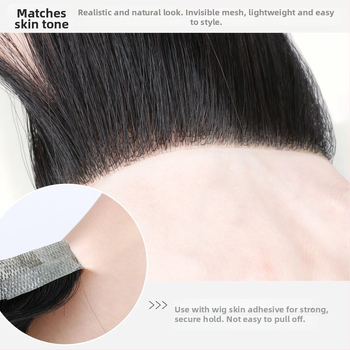 Vyrų plaukų linijai skirtas plaukų gabalėlis – tikri žmonių plaukai, lengvas, rankų austas, dengia kaktą, galima dažyti