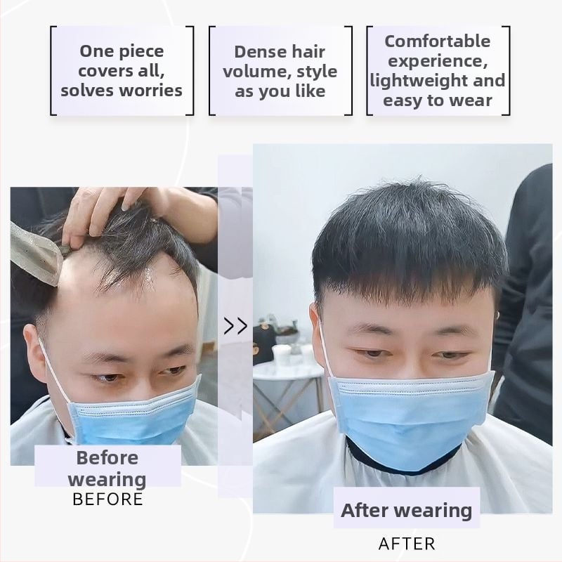 Vyrų plaukų linijai skirtas plaukų gabalėlis – tikri žmonių plaukai, lengvas, rankų austas, dengia kaktą, galima dažyti