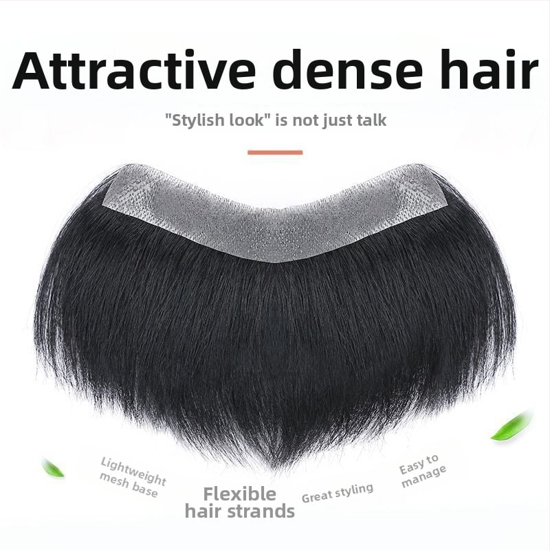 Vyrų plaukų linijai skirtas plaukų gabalėlis – tikri žmonių plaukai, lengvas, rankų austas, dengia kaktą, galima dažyti