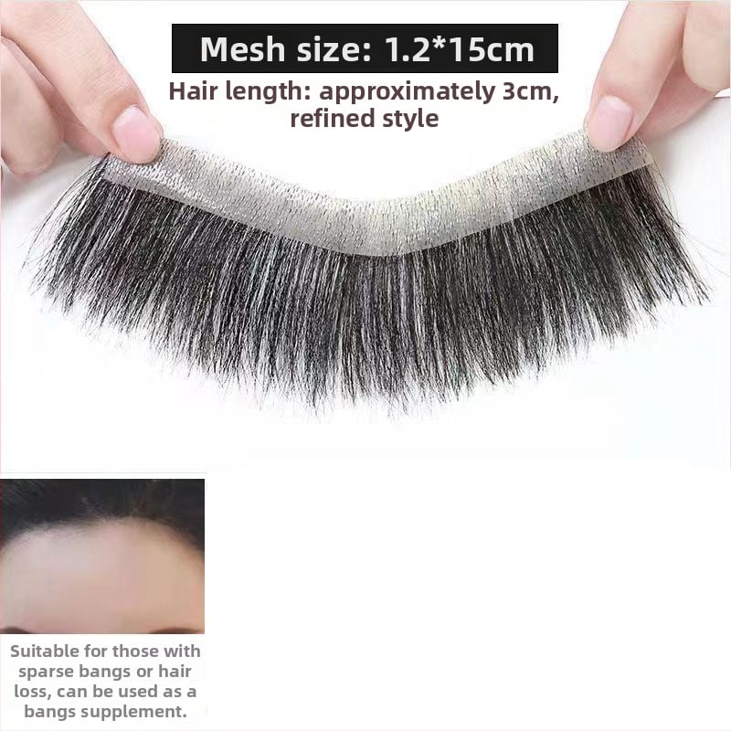 Vyrų plaukų linijai skirtas plaukų gabalėlis – tikri žmonių plaukai, lengvas, rankų austas, dengia kaktą, galima dažyti