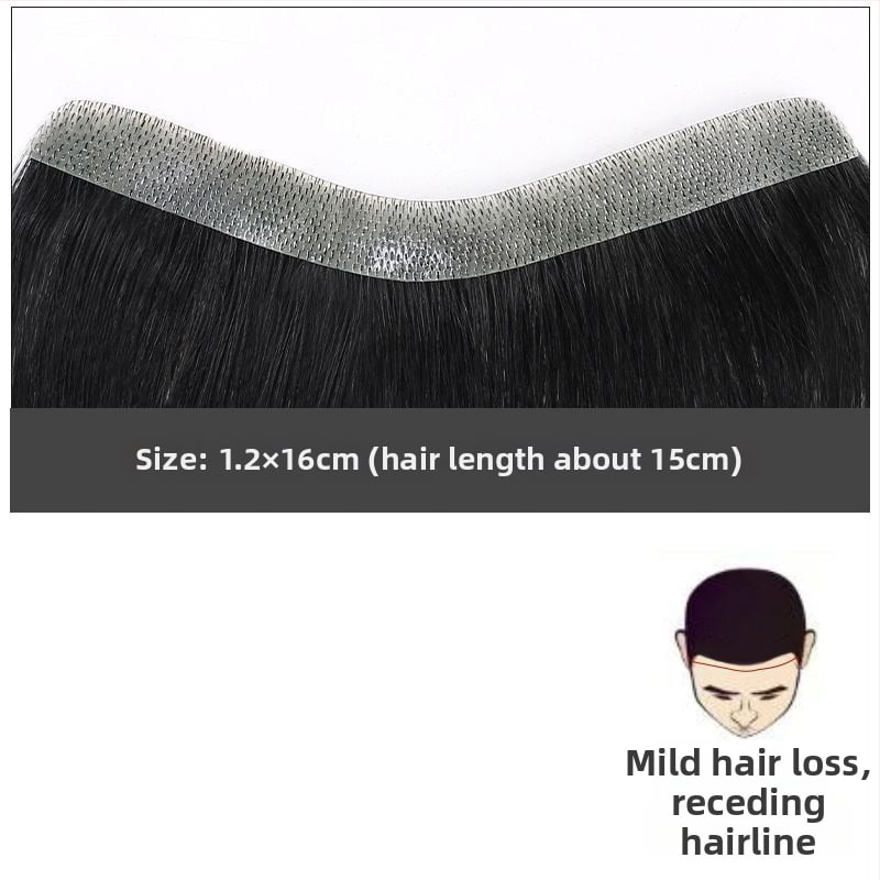 Vyrų plaukų linijai skirtas plaukų gabalėlis – tikri žmonių plaukai, lengvas, rankų austas, dengia kaktą, galima dažyti