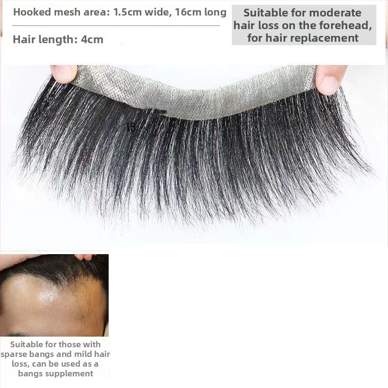 Vyrų plaukų linijai skirtas plaukų gabalėlis – tikri žmonių plaukai, lengvas, rankų austas, dengia kaktą, galima dažyti