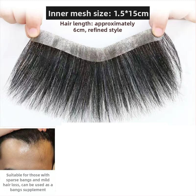 Vyrų plaukų linijai skirtas plaukų gabalėlis – tikri žmonių plaukai, lengvas, rankų austas, dengia kaktą, galima dažyti