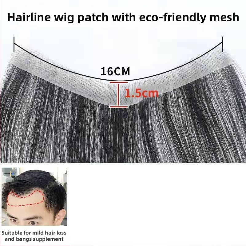 Vyrų plaukų linijai skirtas plaukų gabalėlis – tikri žmonių plaukai, lengvas, rankų austas, dengia kaktą, galima dažyti