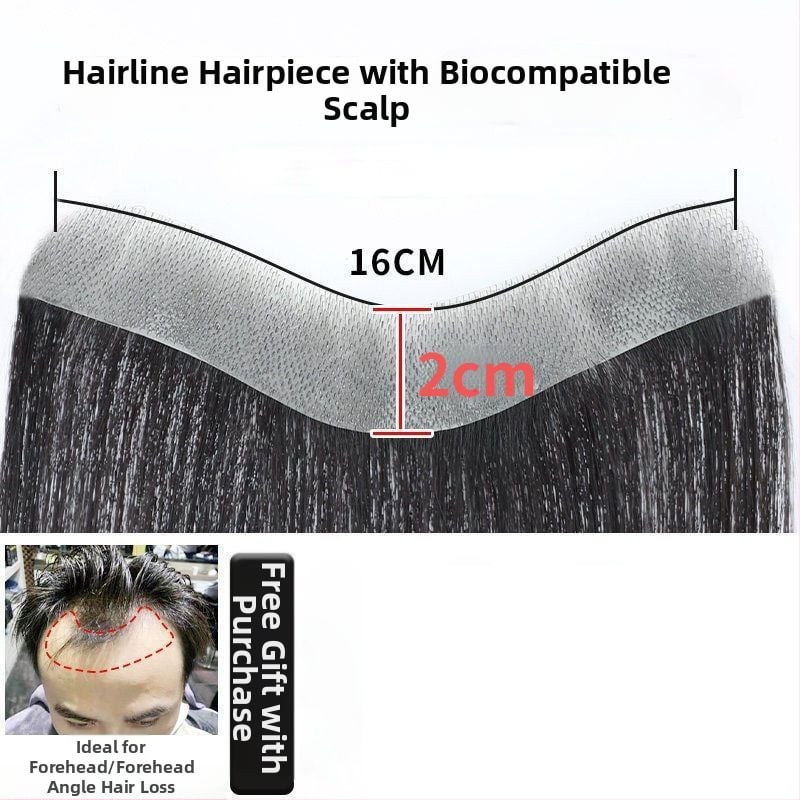 Vyrų plaukų linijai skirtas plaukų gabalėlis – tikri žmonių plaukai, lengvas, rankų austas, dengia kaktą, galima dažyti