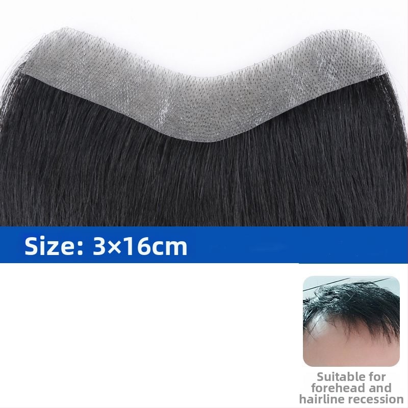 Vyrų plaukų linijai skirtas plaukų gabalėlis – tikri žmonių plaukai, lengvas, rankų austas, dengia kaktą, galima dažyti