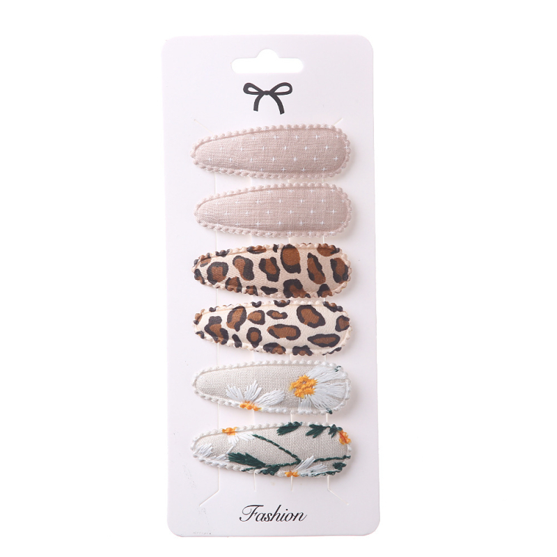 Korejas stilā lašveidīga matu spraudņu komplekts 6 gab., auduma ziedu izšuvums, roku darbs, bērniem