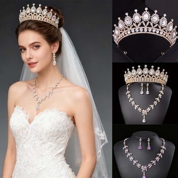 Vjenčani trodijelni set nakita: ogrlica, naušnice, kruna — legura, motiv krune, elektroplating (ženski stil)