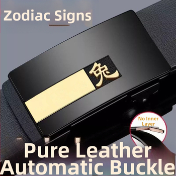 Curea de bărbați din piele naturală, cu motiv zodiac, cataramă din plastic, închidere cu șnur, lățime subțire