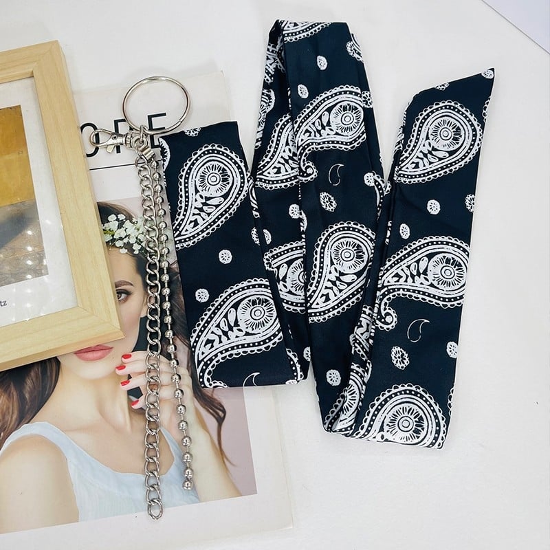 Centură lanț pentru pantaloni cu lanț metalic și eșarfă de mătase – cataramă din aliaj, închidere automată, material principal: mătase