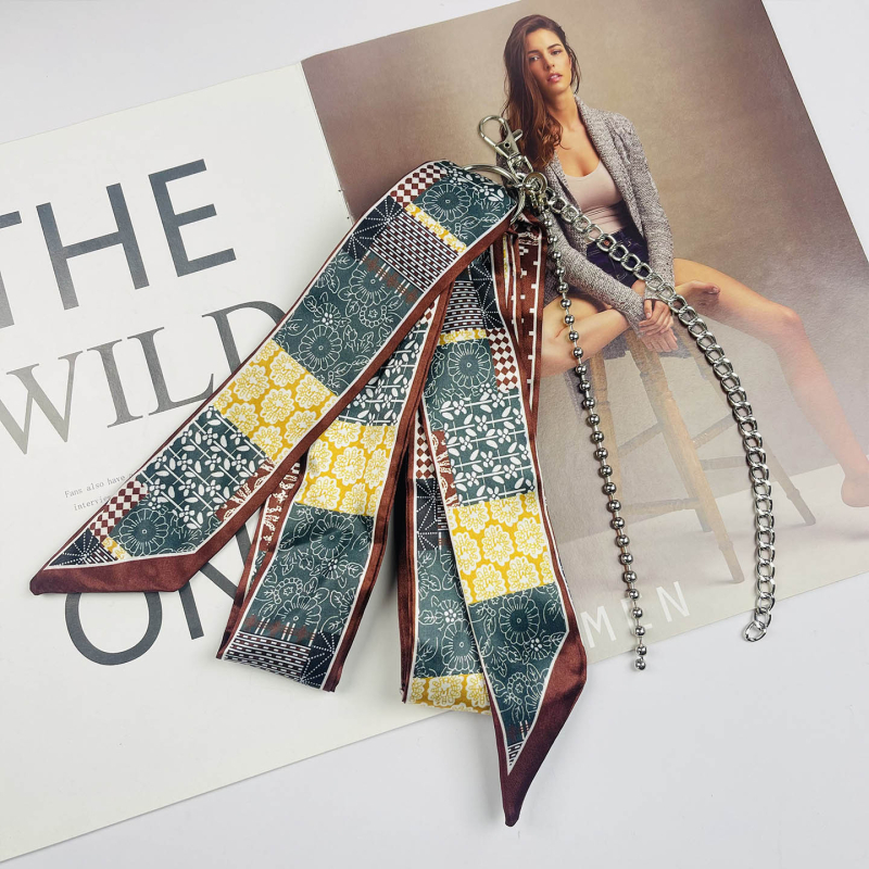 Centură lanț pentru pantaloni cu lanț metalic și eșarfă de mătase – cataramă din aliaj, închidere automată, material principal: mătase