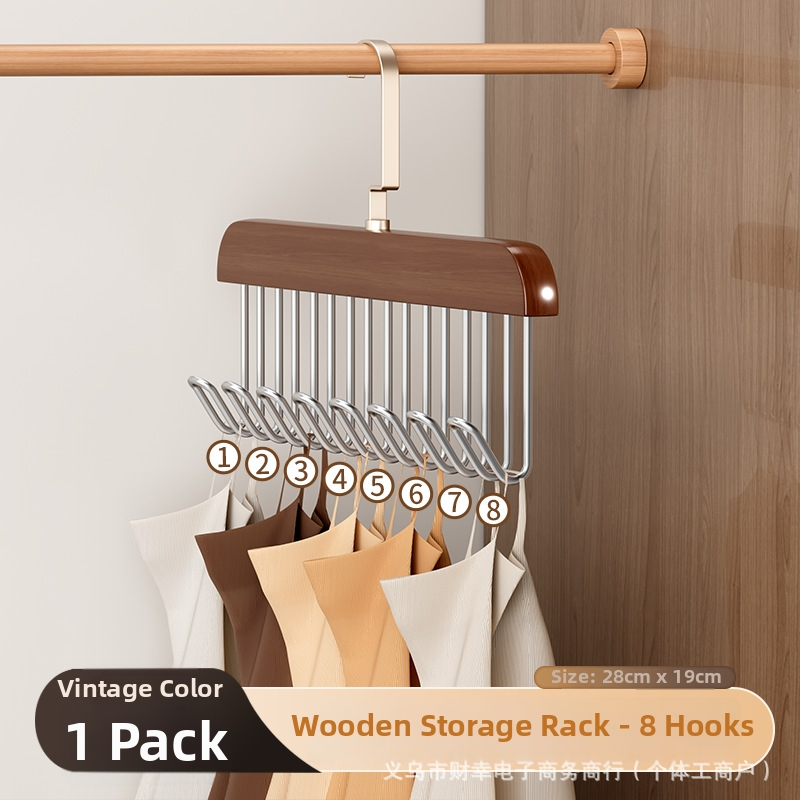 Koka kaklasaiteņu turētājs ar 8 āķiem, daudzfunkcionāls drēbju uzglabāšanas risinājums