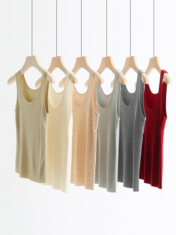 Дамски плетен елек с голям U-образно деколте, тънък силует, вълнена смес, дължина 50–65 см