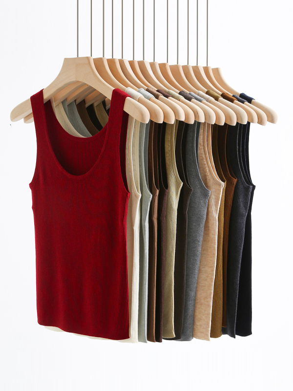 Дамски плетен елек с голям U-образно деколте, тънък силует, вълнена смес, дължина 50–65 см