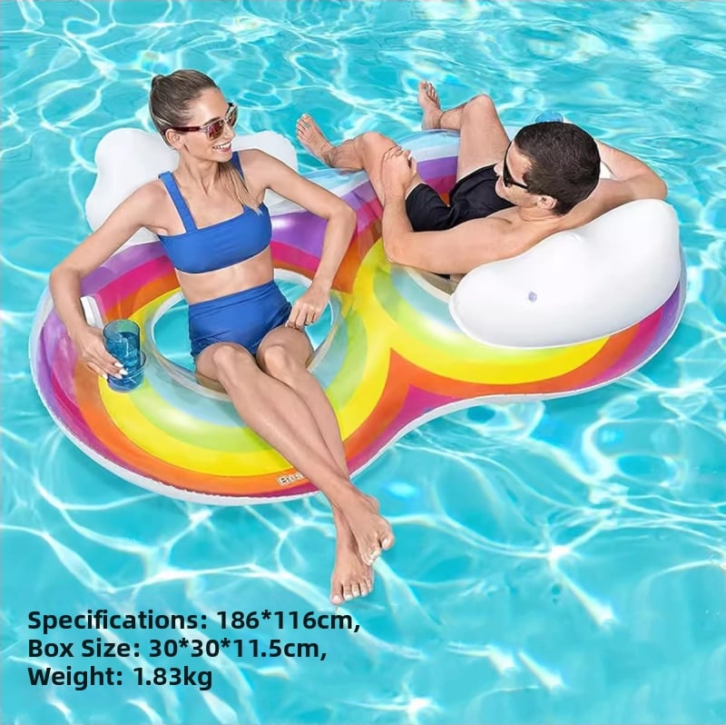 Pūšamais dubultais ūdens krēsls ar varavīksnes rakstu un gaisa spilvenu, no videi draudzīga PVC