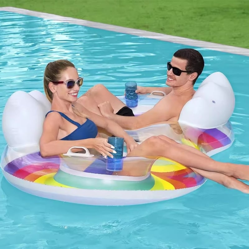 Pūšamais dubultais ūdens krēsls ar varavīksnes rakstu un gaisa spilvenu, no videi draudzīga PVC