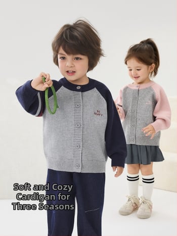 Vaikų megztinis kardiganas su ilgomis rankovėmis ir apvaliu kaklu iš medvilnės, tinkamas rudeniui, pavasariui ir žiemai