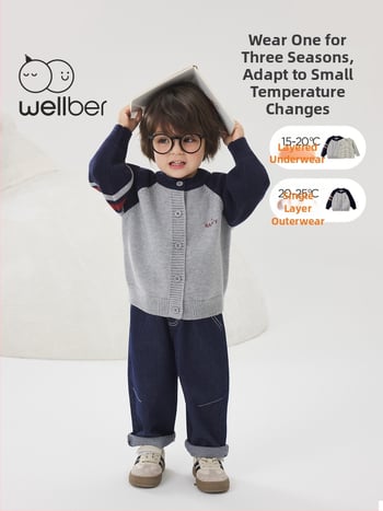 Vaikų megztinis kardiganas su ilgomis rankovėmis ir apvaliu kaklu iš medvilnės, tinkamas rudeniui, pavasariui ir žiemai