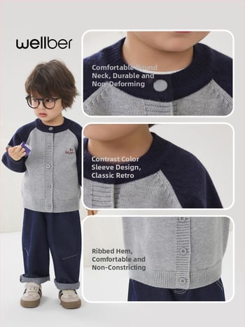 Vaikų megztinis kardiganas su ilgomis rankovėmis ir apvaliu kaklu iš medvilnės, tinkamas rudeniui, pavasariui ir žiemai