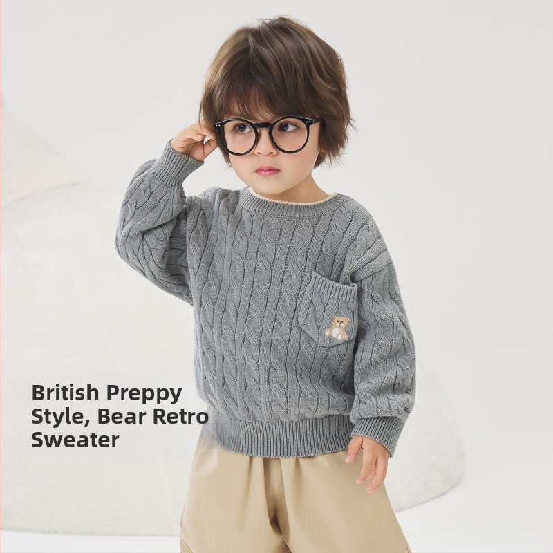 Vaikų megztinis kardiganas su ilgomis rankovėmis ir apvaliu kaklu iš medvilnės, tinkamas rudeniui, pavasariui ir žiemai