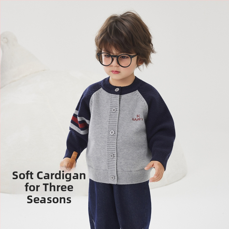 Vaikų megztinis kardiganas su ilgomis rankovėmis ir apvaliu kaklu iš medvilnės, tinkamas rudeniui, pavasariui ir žiemai