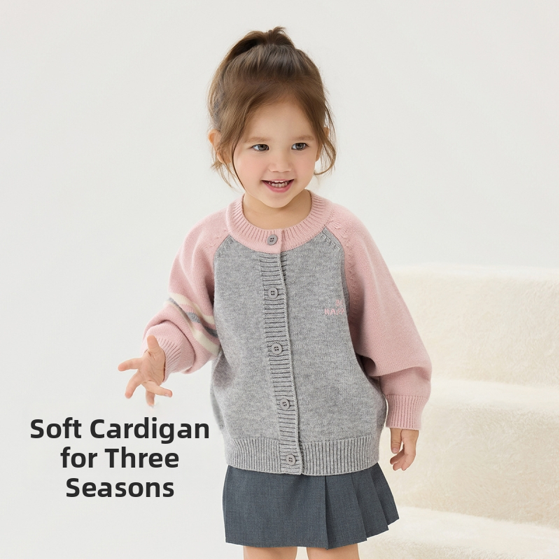 Vaikų megztinis kardiganas su ilgomis rankovėmis ir apvaliu kaklu iš medvilnės, tinkamas rudeniui, pavasariui ir žiemai