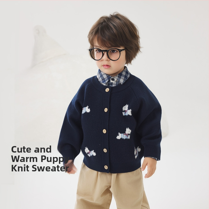 Vaikų megztinis kardiganas su ilgomis rankovėmis ir apvaliu kaklu iš medvilnės, tinkamas rudeniui, pavasariui ir žiemai