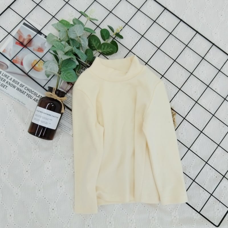 Детски топ с дълги ръкави и стойка яка, минималистичен стил, 95% памук, brushed обработка за мекота, солиден модел, подходящ за зимно-есенна и пролетна носене, за деца над 8 години