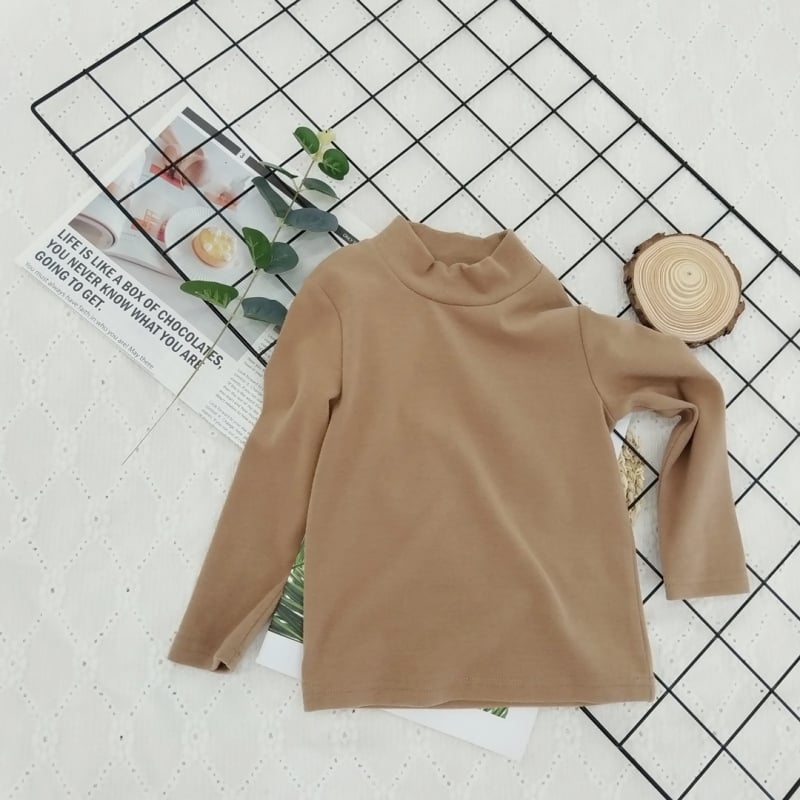 Детски топ с дълги ръкави и стойка яка, минималистичен стил, 95% памук, brushed обработка за мекота, солиден модел, подходящ за зимно-есенна и пролетна носене, за деца над 8 години