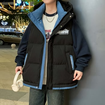 Fiatalos stílusú kapucnis mellény, laza szabás, cipzár, geometriai mintázat, tavasz–ősz