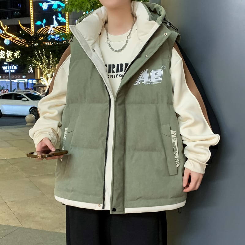 Fiatalos stílusú kapucnis mellény, laza szabás, cipzár, geometriai mintázat, tavasz–ősz