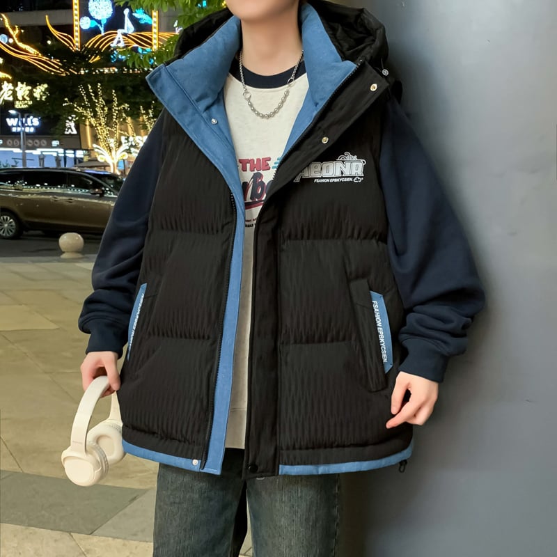 Fiatalos stílusú kapucnis mellény, laza szabás, cipzár, geometriai mintázat, tavasz–ősz