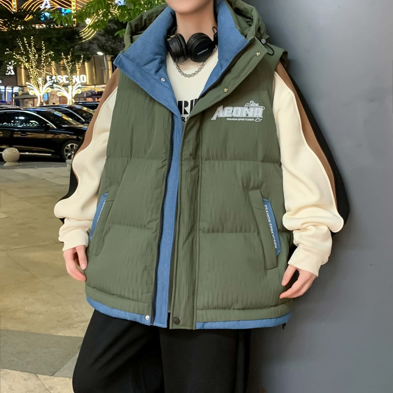 Fiatalos stílusú kapucnis mellény, laza szabás, cipzár, geometriai mintázat, tavasz–ősz