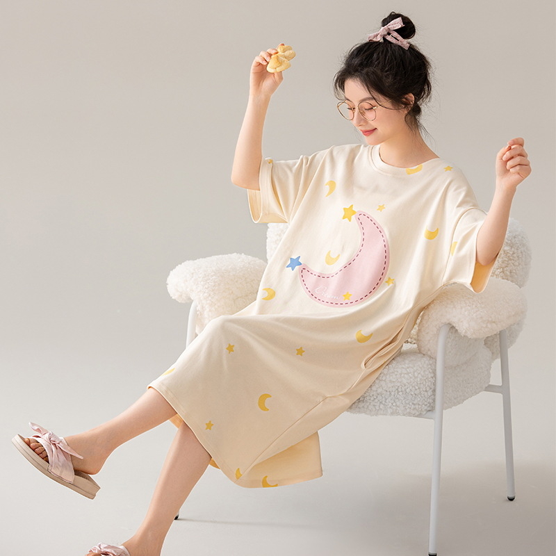 Ženska noćna haljina od 100% pamuka, ljeto, rukavi 3/4, okrugli izrez, srednja duljina