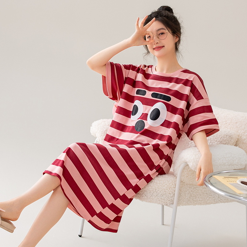 Ženska noćna haljina od 100% pamuka, ljeto, rukavi 3/4, okrugli izrez, srednja duljina