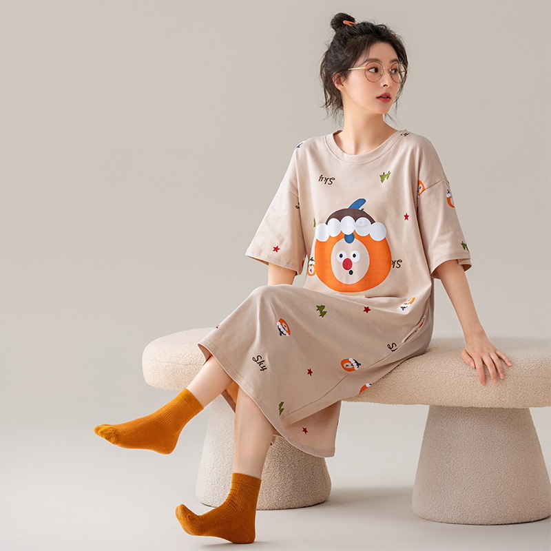 Ženska noćna haljina od 100% pamuka, ljeto, rukavi 3/4, okrugli izrez, srednja duljina