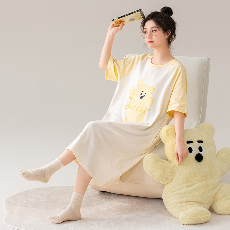 Ženska noćna haljina od 100% pamuka, ljeto, rukavi 3/4, okrugli izrez, srednja duljina