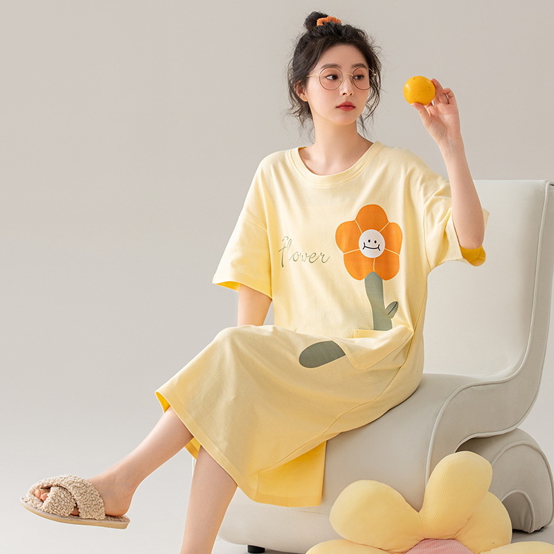 Ženska noćna haljina od 100% pamuka, ljeto, rukavi 3/4, okrugli izrez, srednja duljina