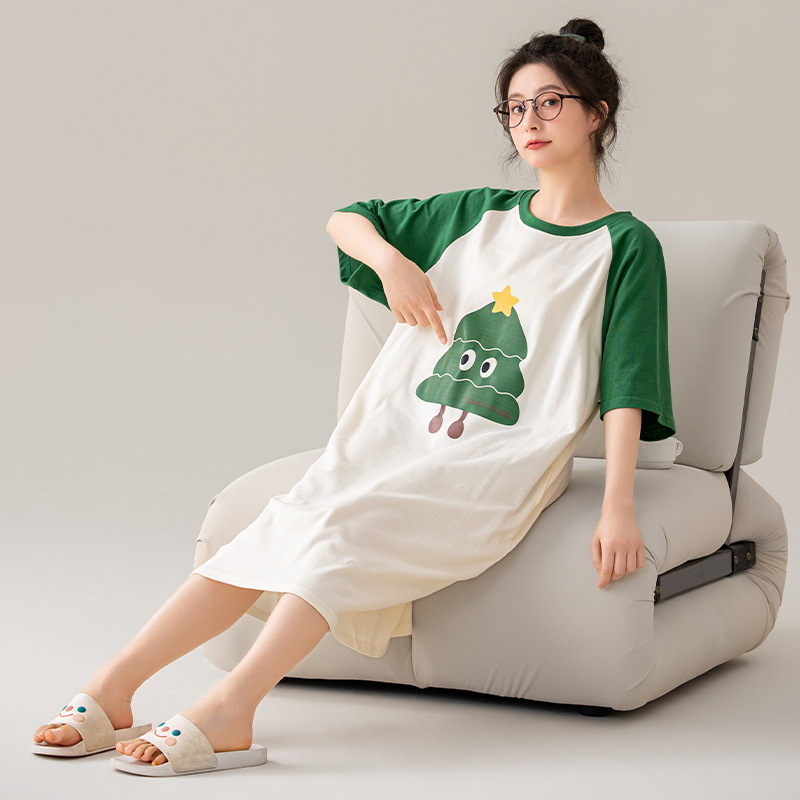 Ženska noćna haljina od 100% pamuka, ljeto, rukavi 3/4, okrugli izrez, srednja duljina