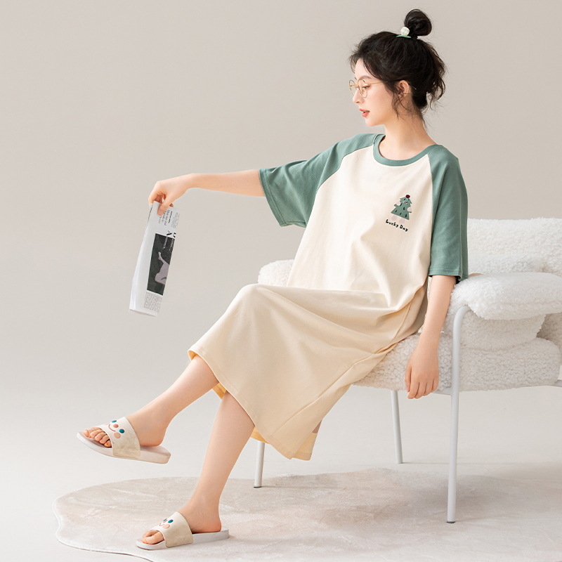 Ženska noćna haljina od 100% pamuka, ljeto, rukavi 3/4, okrugli izrez, srednja duljina