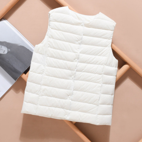 Pūkinė liemenė, lengvas Chenille audinys, baltų ančių pūkų užpildas, siaura silueta, apvali kaklo iškirptė