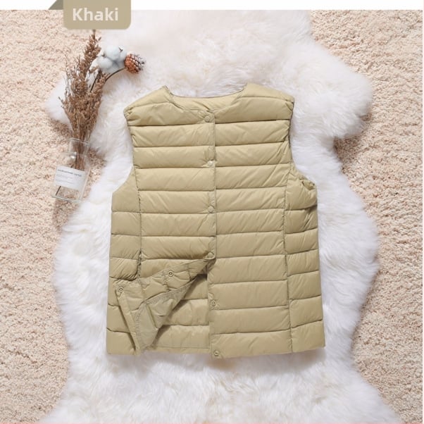 Pūkinė liemenė, lengvas Chenille audinys, baltų ančių pūkų užpildas, siaura silueta, apvali kaklo iškirptė