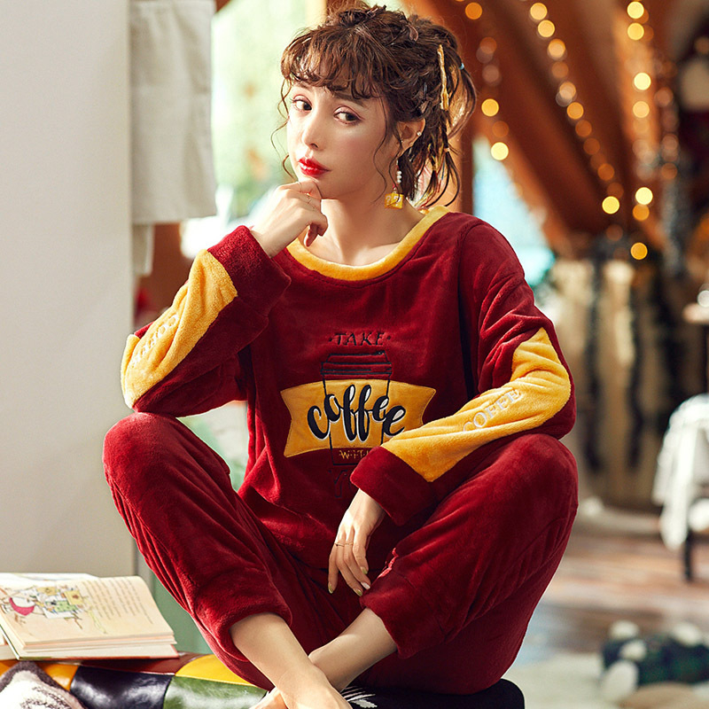 Set pijama din flanelă – stil dulce și drăguț, guler rotund, mâneci lungi, pantaloni, poliester 95–100%