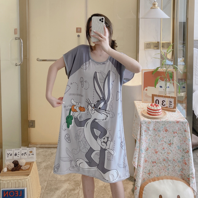 Ženska noćna haljina s karikaturom, Milk Silk tkanina, midi duljina, okrugli izrez, tri četvrt rukava, udobno kućno nošenje