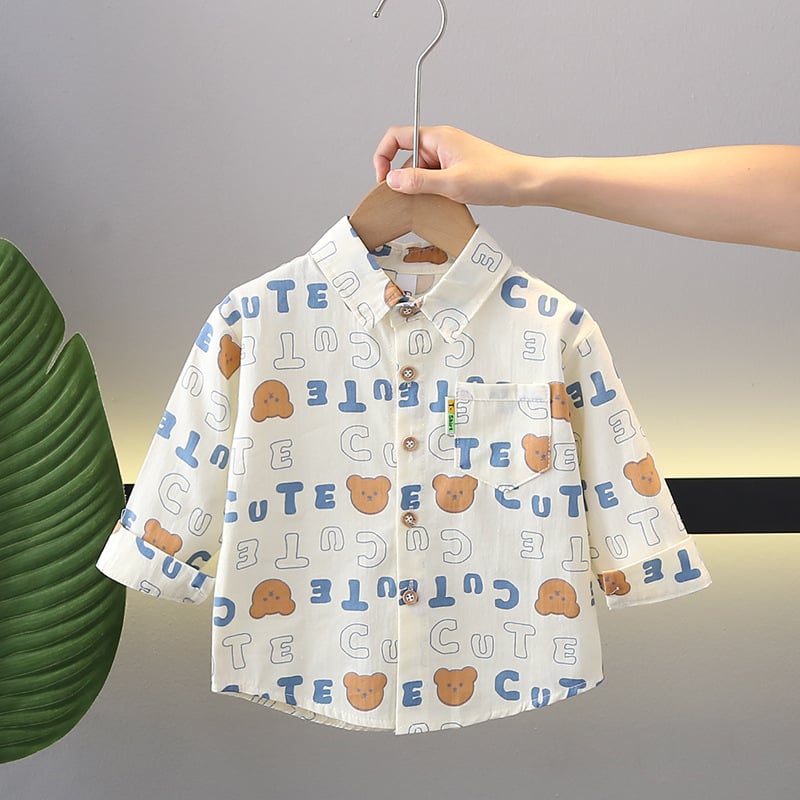 Vaikų marškiniai su ilgomis rankovėmis ir revero apykakle, 100% medvilnė, gyvūnų/animacinis raštas, Korėjos stiliaus, amžius 1–3 metai